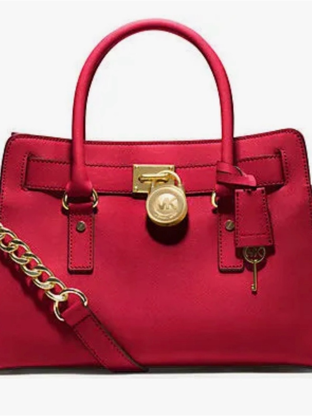 Michael Kors Hamilton Saffiano Leather Satchel Cherry Red with Gold-Tone Lock